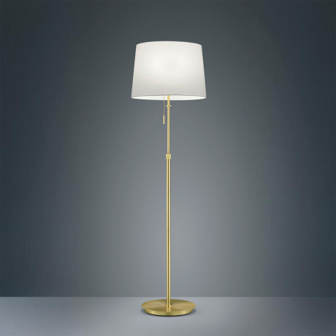 Stehleuchte, Messing, Stoffschirm, Weiß, Zugschalter, Höhe verstellbar, 46 cm Ø, Hotelzimmerbeleuchtung, Restaurantstehleuchte, Wohnzimmerstehleuchte, Leseleuchte, Filigraner Leuchtenstange, Schwerer Leuchtenfuß, Wartezimmerstehleuchte, Praxisleuchte, Schlafzimmerlampe, Innenraumbeleuchtung, Wohnraumbeleuchtung, IP20