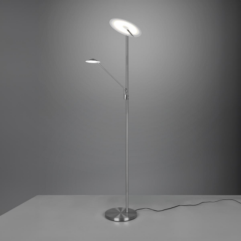 LED Stehleuchte, Nickel, Farbwechsler, Dimmer, Lesearm, Memoryfunktion, 180 cm Höhe, Wohnzimmerbeleuchtung, Bürostehleuchte, Officeleuchte, Länglich, Runder Leuchtenkopf, Verstellbare Leseleuchte, Schlafzimmerstehlampe, Innenraumbeleuchtung, Wohnraumbeleuchtung, IP20