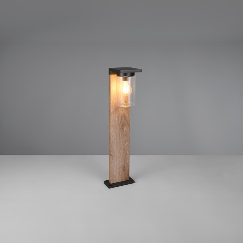 Außen Stehleuchte, Pfosten, Dämmerungssensor, Holzoptik, Alu, Glas, IP44, 65 cm Höhe, Gartenbeleuchtung, Einfahrtleuchte, Türeingangsleuchte, Verandabeleuchtung, Outdoorleuchte