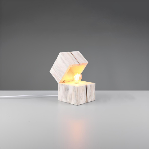 LED Tischleuchte, Weiss, Kontaktschalter, Natur, Holz, Kubisch, 16 cm Höhe, Bettleuchte, Schlafzimmertischleuchte, Hoteltischleuchte, Innenraumbeleuchtung, Wohnraumbeleuchtung, IP20
