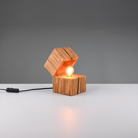 LED Tischleuchte, Natur, Holz, Türkontaktschalter, Schnurschalter, Kubisch, 16 cm Höhe, Wohnzimmerbeleuchtung, Nachttischleuchte, Bettleuchte, Hoteltischlampe, Kinderzimmertischlampe, Innenraumbeleuchtung, Wohnraumbeleuchtung, IP20
