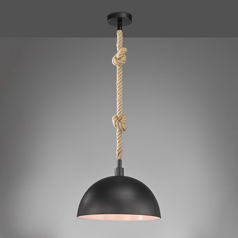 Pendelleuchte, Schwarz, Innen Weiss, Esszimmerleuchte, Hanfseil, 40 cm Ø, Dekoleuchte, Wartezimmer Pendelleuchte, Praxisleuchte, Küchen Pendelleuchte, Flur Deckenpendel, Gang Deckenpendelleuchte