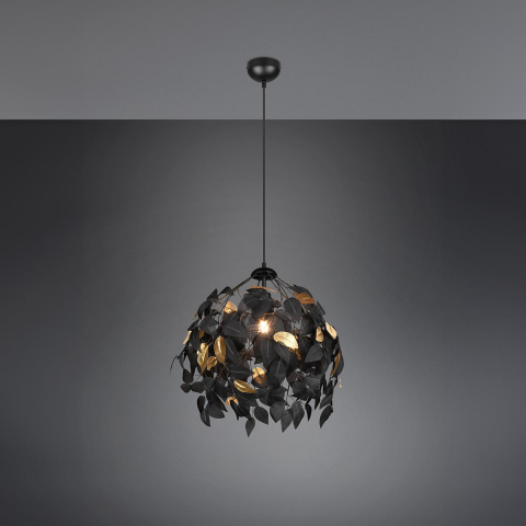 Schlafzimmerbeleuchtung, Restaurantbeleuchtung, Wohnzimmerbeleuchtung, Hotelzimmerbeleuchtung, Pendelleuchte, Schwarz, Gold, Blätter-Look, Höhe anpassbar, 38 cm Ø