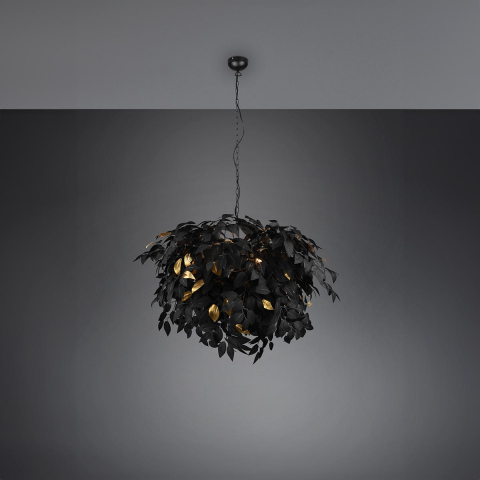 Wohnzimmerbeleuchtung, Schlafzimmerbeleuchtung, Esszimmerbeleuchtung, Essbereichsbeleuchtung, Hotelbeleuchtung, Restaurantbeleuchtung, Cafébeleuchtung Pendelleuchte, Blätter Design, Schwarz, Gold, Rund, 70 cm Ø