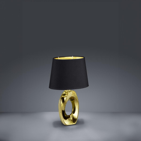 Nachttischbeleuchtung, Wohnzimmerbeleuchtung, Schlafzimmerbeleuchtung, Hotelzimmerbeleuchtung, Apartmentbeleuchtung, Esszimmerbeleuchtung Tischleuchte, Stoffschirm, Keramikfuss, Gold, Schwarz, Schnurschalter, 33 cm Höhe