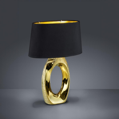 Wohnzimmerbeleuchtung, Schlafzimmerbeleuchtung, Nachttischbeleuchtung, Hotelzimmerbeleuchtung Tischleuchte, Stoffschirm, Keramikfuss, Gold, Schwarz, Schnurschalter, 52 cm Höhe