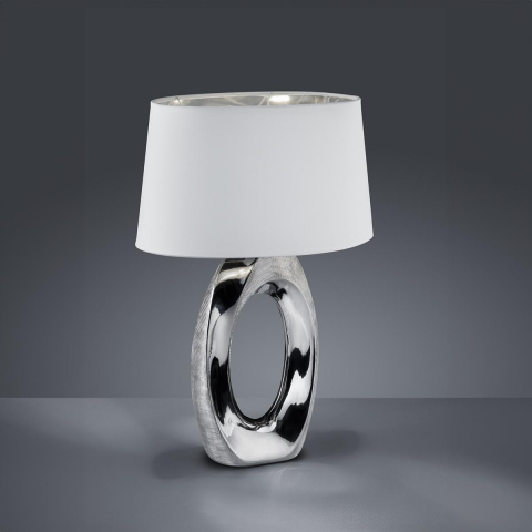 Nachttischbeleuchtung, Schreibtischbeleuchtung, Wohnzimmerbeleuchtung, Schlafzimmerbeleuchtung, Hotelzimmerbeleuchtung Tischleuchte, Stoffschirm, Oval, Keramikfuss, Silber, Schnurschalter, 52 cm Höhe