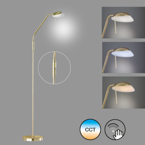LED Stehleuchte, Filigran, Messing, Sensordimmer, 160 cm Höhe, Büroleuchte, Leseleuchte, Wartezimmerstehleuchte, Praxisbeleuchtung, Cafébeleuchtung, Hotelleuchte, Filigranes Design, Schmale Optik, Innenraumbeleuchtung, Wohnraumbeleuchtung, IP20