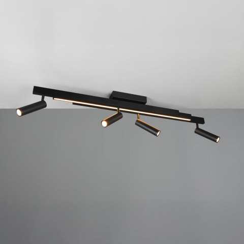Esszimmerbeleuchtung, Bürobeleuchtung, Home-Officebeleuchtung, Hotelbeleuchtung, Küchenbeleuchtung, Woohnzimmerbeleuchtung LED Deckenleuchte, Schwarz, Farbwechsler, Dimmer, 4 Spots, 1 Strahler, 133 cm x 8 cm