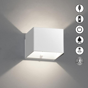 Éclairage de balcon, éclairage de terrasse, éclairage d'entrée, éclairage de porte d'entrée, applique murale LED d'extérieur, batterie, détecteur de mouvement, IP44, blanc, 11 cm x 8 cm, éclairage de garage, éclairage de façade