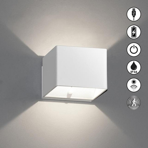Balkonbeleuchtung, Terrassenbeleuchtung, Eingangsbeleuchtung, Eingangstürbeleuchtung, LED Aussen Wandleuchte, Akku, Bewegungssensor, IP44, Weiss, 11 cm x 8 cm, Garagenbeleuchtung, Fassadenbeleuchtung