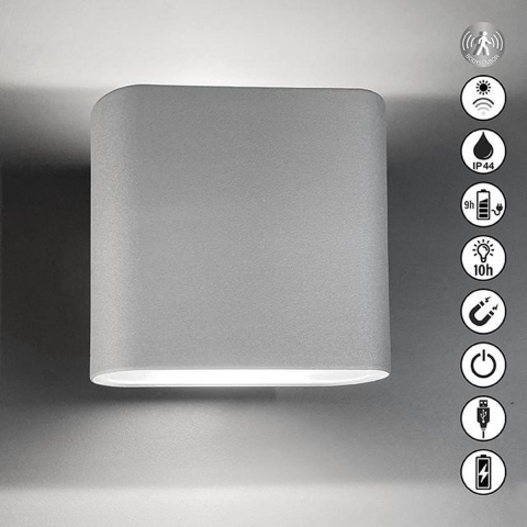 Balkonbeleuchtung, Terrassenbeleuchtung, Gartenbeleuchtung, Fassadenbeleuchtung, LED Aussen Wandleuchte, Silber, Akku, Magnet, Bewegungssensor, IP44, 10 cm Höhe, Wegbeleuchtung, Eingangsbeleuchtung