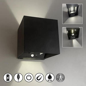 Balkonbeleuchtung, Terrassenbeleuchtung, Eingangsbeleuchtung, Eingangstürbeleuchtung, Treppenhausbeleuchtung, Kellergangbeleuchtung, LED Aussen Wandleuchte, Schwarz, Magnet, Bewegungsmelder, Akku, IP44, 10 cm x 10 cm, Gartenbeleuchtung, Hotelbeleuchtung, Restaurantbeleuchtung