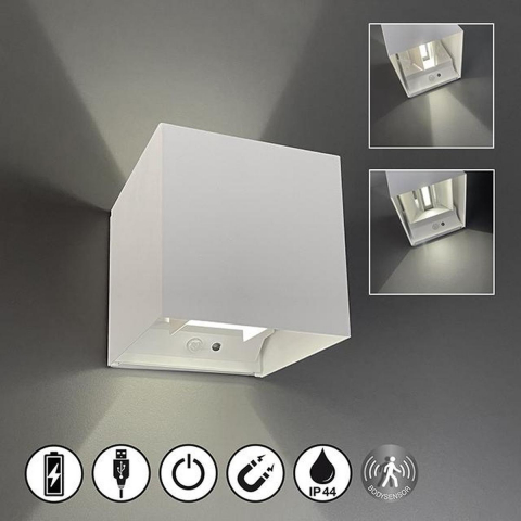 Balkonbeleuchtung, Eingangstürbeleuchtung, Fassadenbeleuchtung, LED Aussen Wandleuchte, Akku, Bewegungssensor, IP44, Weiss, 10 cm x 10 cm, Terrassenbeleuchtung
