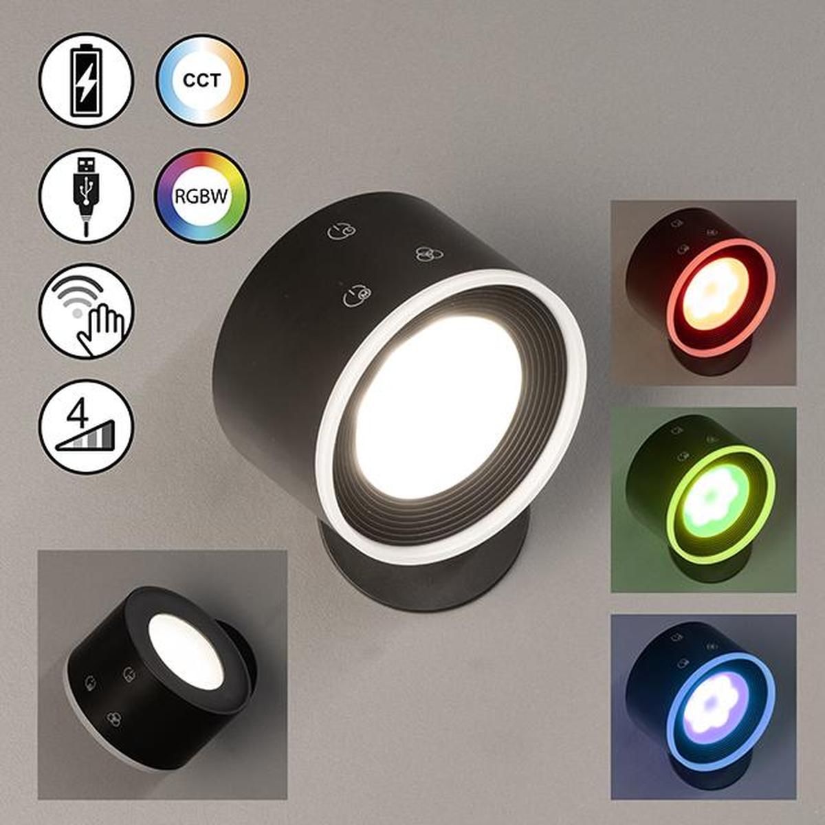 Wohnzimmerbeleuchtung, Akkubeleuchtung, Schlafzimmerbeleuchtung, Kinderzimmerbeleuchtung, LED Wandleuchte, Schwarz, RGBW, Farbwechsler, Dimmer, Akku, 8 cm x 5 cm, Hotelbeleuchtung