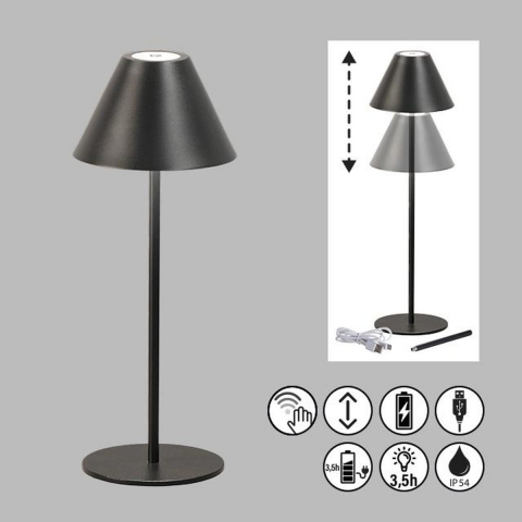 Gartentischbeleuchtung, Campingbeleuchtung, Balkonbeleuchtung, LED Aussen Tischleuchte, Schwarz, Dimmer, Akku, Metall, IP54, 36 cm Höhe, Terrassenbeleuchtung, Restaurantbeleuchtung, Hotelbeleuchtung