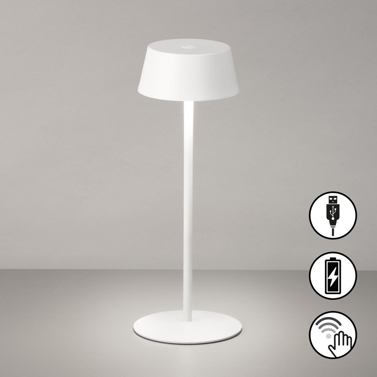 Campingbeleuchtung, Gartenbeleuchtung, LED Aussen Tischleuchte, Weiss, Akku, Dimmbar, 30 cm Höhe, Balkonbeleuchtung, Terrassenbeleuchtung, Hotelbeleuchtung, Restaurantbeleuchtung