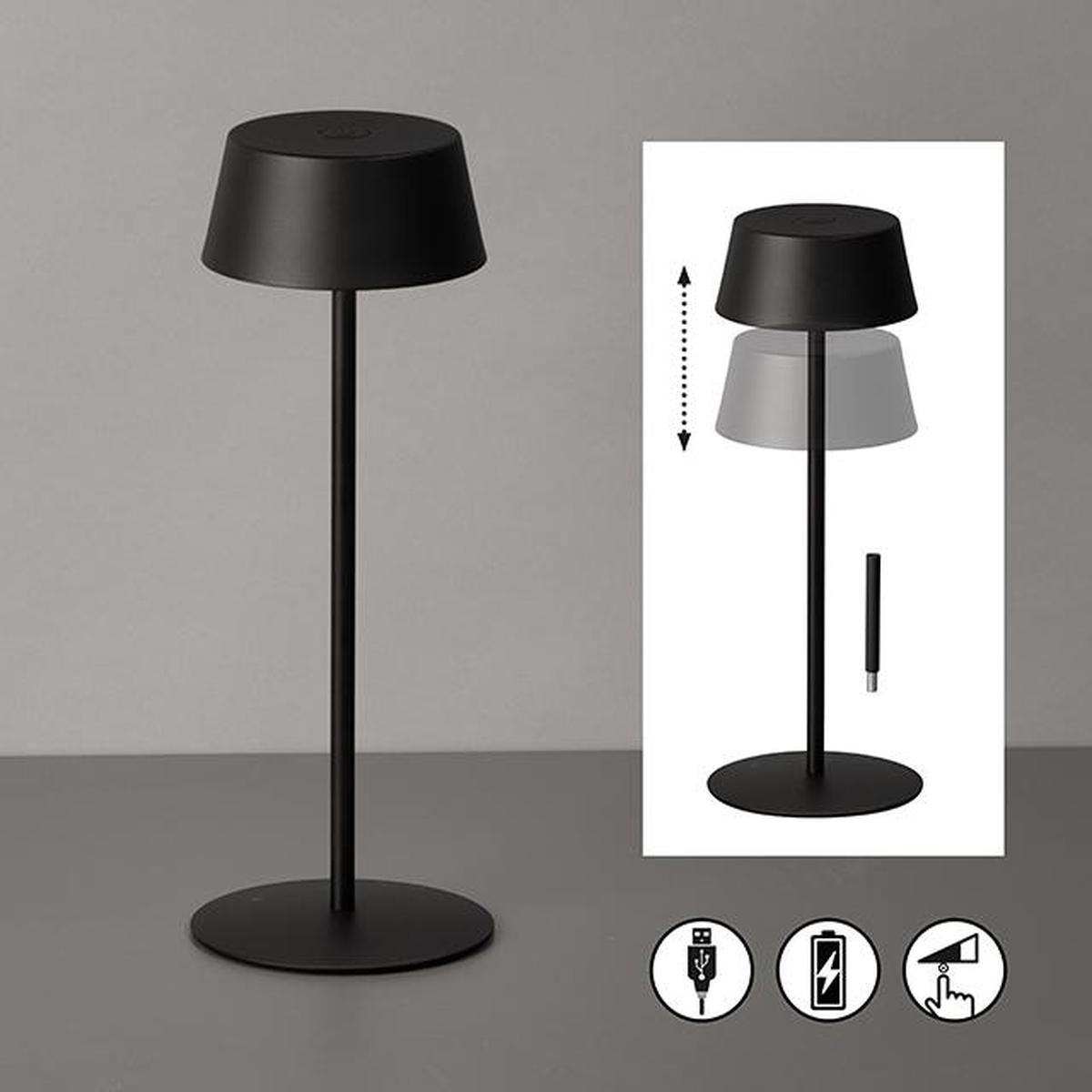Campingbeleuchtung, Balkonbeleuchtung, Terrassenbeleuchtung, Gartenbeleuchtung, LED Außen Tischleuchte, Schwarz, Metall, Akku, Dimmber, IP54, 30 cm Höhe, Restaurantbeleuchtung, Hotelbeleuchtung