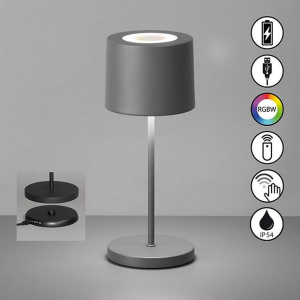 Éclairage de table de jardin, éclairage fixe, éclairage de restaurant, éclairage de balcon, éclairage de terrasse, lampe de table LED d'extérieur, gris, batterie, RGBW, télécommande, variateur, IP54, 28 cm de hauteur, éclairage de camping, éclairage d'extérieur