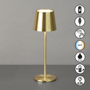 Campingbeleuchtung, Gartenbeleuchtung, Terrassenbeleuchtung, Balkonbeleuchtung, LED Aussen Tischleuchte, Messing, Akku, Dimmer, Farbwechsler, IP54, 28 cm Höhe, Hotelbeleuchtung, Restaurantbeleuchtung