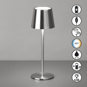 Campingbeleuchtung, Terrassenbeleuchtung, Balkonbeleuchtung, LED Aussen Tischleuchte, Nickel, Dimmer, Farbwechsler, Akku, IP54, 28 cm Höhe, Hotelbeleuchtung, Restaurantbeleuchtung, Gartenbeleuchtung