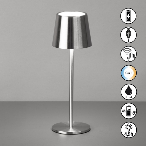 Campingbeleuchtung, Terrassenbeleuchtung, Balkonbeleuchtung, LED Aussen Tischleuchte, Nickel, Dimmer, Farbwechsler, Akku, IP54, 28 cm Höhe, Hotelbeleuchtung, Restaurantbeleuchtung, Gartenbeleuchtung