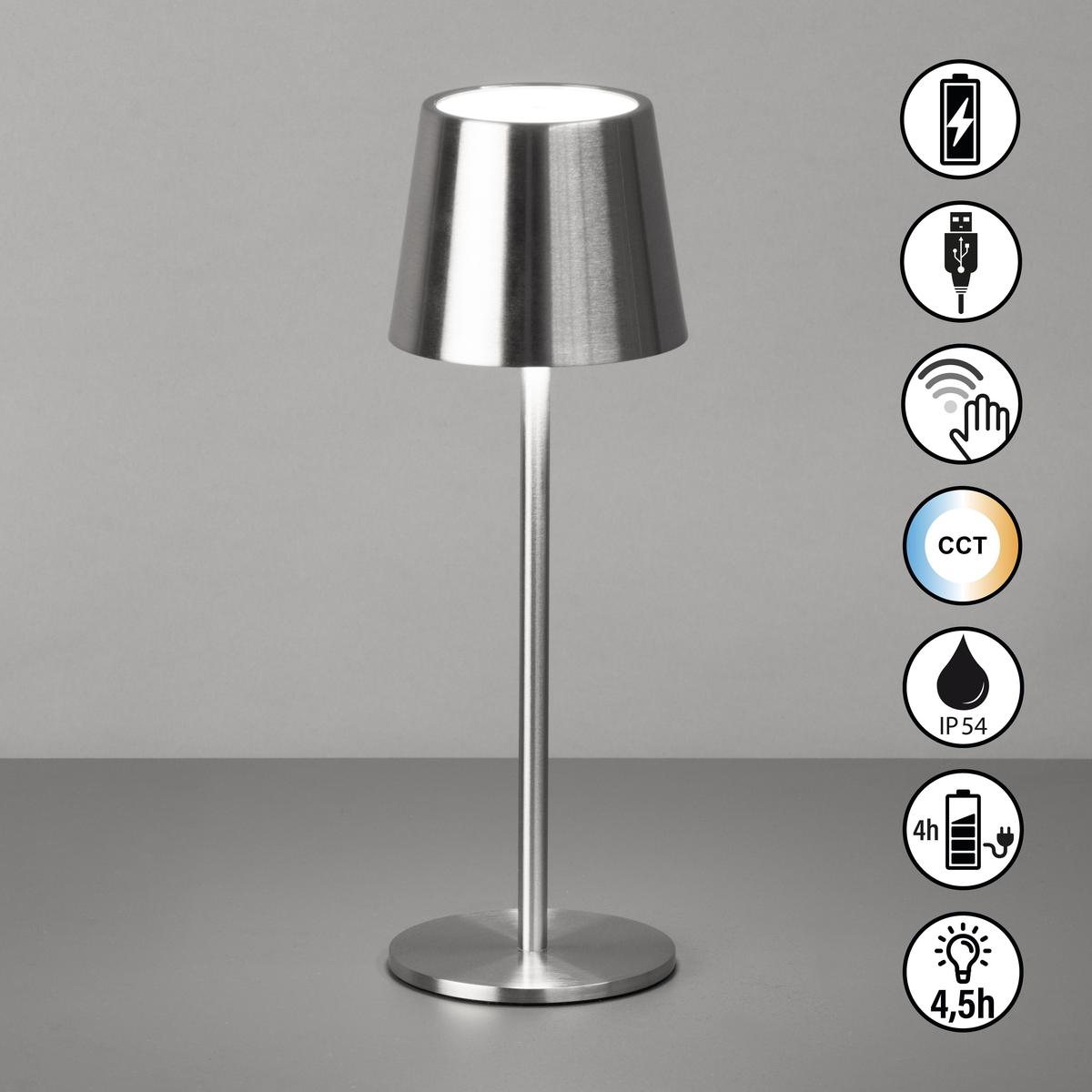 Campingbeleuchtung, Terrassenbeleuchtung, Balkonbeleuchtung, LED Aussen Tischleuchte, Nickel, Dimmer, Farbwechsler, Akku, IP54, 28 cm Höhe, Hotelbeleuchtung, Restaurantbeleuchtung, Gartenbeleuchtung
