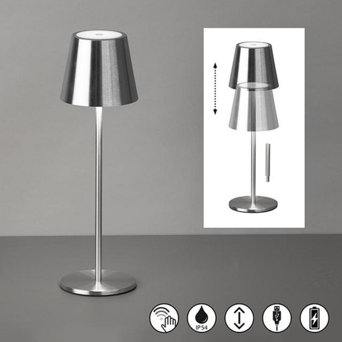 Balkonbeleuchtung, Gartenbeleuchtung, Terrassenbeleuchtung, LED Außen Tischleuchte, Metall, Nickel, Akku, USB, IP54, 36 cm Höhe, Hotelbeleuchtung, Restaurantbeleuchtung, 