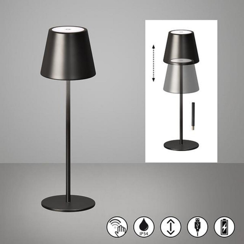 Balkonbeleuchtung, Terrassenbeleuchtung, Gartenbeleuchtung, Hotelzimmerbeleuchtung, LED Aussen Tischleuchte, Metall, Dunkelgrau, Akku, USB, IP54, 36 cm Höhe, Campingbeleuchtung