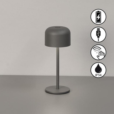 Gartenbeleuchtung, Campingbeleuchtung, Ballkonbeleuchtung, Terrassenbeleuchtung, LED Außen Tischleuchte, Grau, Metall, Akku, Dimmer, IP54, 22 cm Höhe, Hotelbeleuchtung, Restaurantbeleuchtung