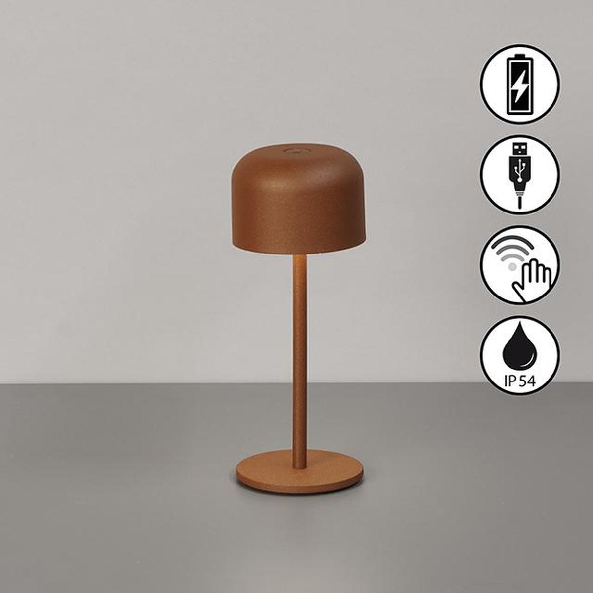 Gartenbeleuchtung, Balkonbeleuchtung, Terrassenbeleuchtung, LED Außen Tischleuchte, Rostfarbe, Sensordimmer, Akku, IP54, 22 cm Höhe, Campingbeleuchtung, Restaurantbeleuchtung, Hotelbeleuchtung