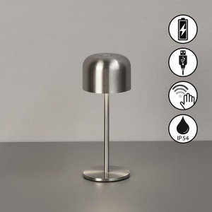 Campingbeleuchtung, Restaurantbeleuchtung, Terrassenbeleuchtung, Balkonbeleuchtung, LED Aussen Tischleuchte, Sensordimmer, Akku, Nickel, IP54, 22 cm Höhe, Hotelbeleuchtung, Gartenbeleuchtung