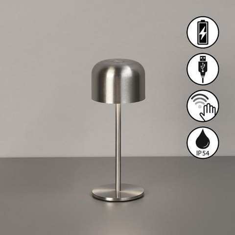 Campingbeleuchtung, Restaurantbeleuchtung, Terrassenbeleuchtung, Balkonbeleuchtung, LED Aussen Tischleuchte, Sensordimmer, Akku, Nickel, IP54, 22 cm Höhe, Hotelbeleuchtung, Gartenbeleuchtung