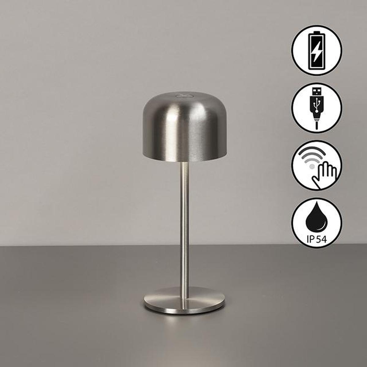 Campingbeleuchtung, Restaurantbeleuchtung, Terrassenbeleuchtung, Balkonbeleuchtung, LED Aussen Tischleuchte, Sensordimmer, Akku, Nickel, IP54, 22 cm Höhe, Hotelbeleuchtung, Gartenbeleuchtung