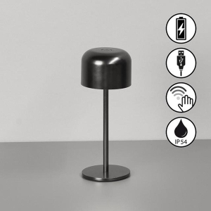 Campingbeleuchtung, Terrassenbeleuchtung, Balkonbeleuchtung, Gartenbeleuchtung, LED Aussen Tischleuchte, Gun Metal, Akku, Sensordimmer, IP54, 22 cm Höhe, Festbeleuchtung, Hotelbeleuchtung, Restaurantbeleuchtung