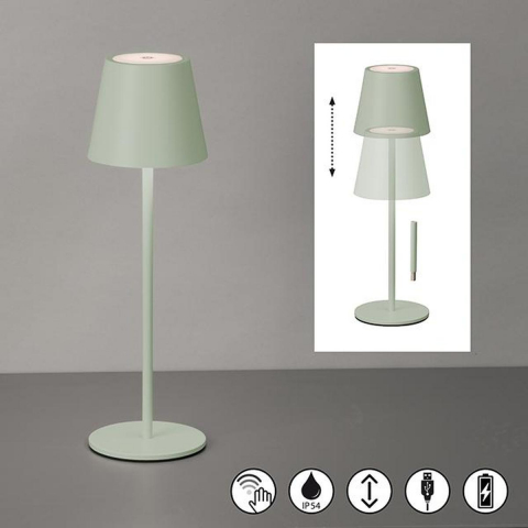 Balkonbeleuchtung, Terrassenbeleuchtung, Gartenbeleuchtung, Hotelbeleuchtung, Restaurantbeleuchtung, LED Aussen Tischleuchte, Metall, Salbeigrün, Akku, USB, IP54, 36 cm Höhe