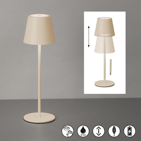 Campingbeleuchtung, Balkonbeleuchtung, Restaurantbeleuchtung, Terrassenbeleuchtung, Gartenbeleuchtung, LED Aussen Tischleuchte, Sandfarbe, Akku, Dimmbar, IP54, 36 cm Höhe, Hotelbeleuchtung