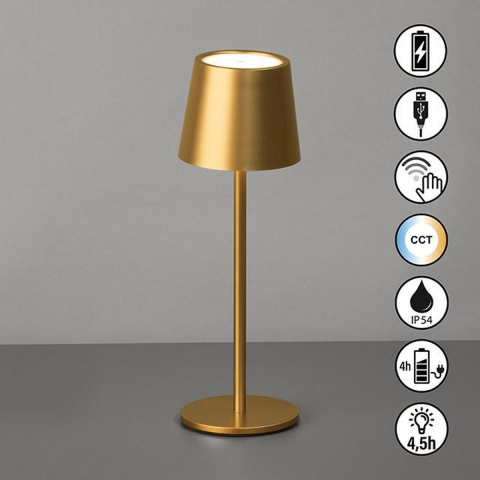 Gartenbeleuchtung, Balkonbeleuchtung, Terrassenbeleuchtung, LED Aussen Tischleuchte, Gold, Farbwechsler, Dimmer, Akku, IP54, 28 cm Höhe, Hotelbeleuchtung, Restaurantbeleuchtung