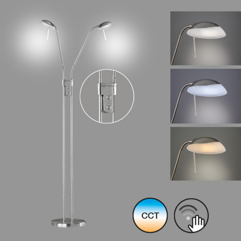 LED Stehleuchte, Sensordimmer, Farbwechsler, 2 Strahler, 160 cm Höhe, Wartezimmerleuchte, Praxisbeleuchtung, Café Stehlampe, Hotel Stehbeleuchtung, Wohnzimmerlampe, Innenraumbeleuchtung, Wohnraumbeleuchtung, IP20
