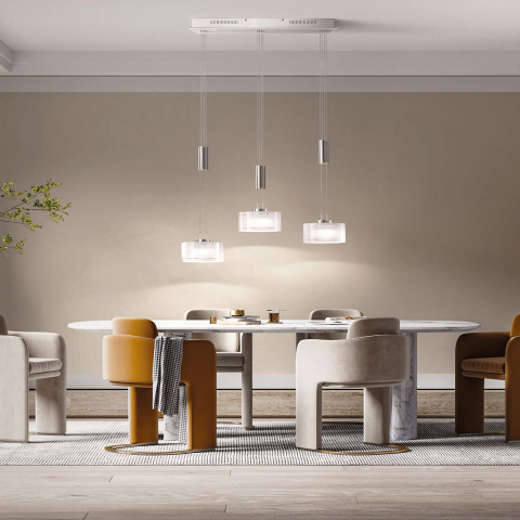 LED Pendelleuchte, 3 Schirme, Glas, Weiss, 100 cm x 160 cm, 2900 Lm