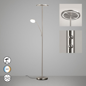 Praxisbeleuchtung, Bürobeleuchtung, Schlafzimmerbeleuchtung, Hotelzimmerbeleuchtung, Flurbeleuchtung, LED Stehleuchte, Nickel, CCT, Tastdimmer, Leselicht, 182 cm Höhe