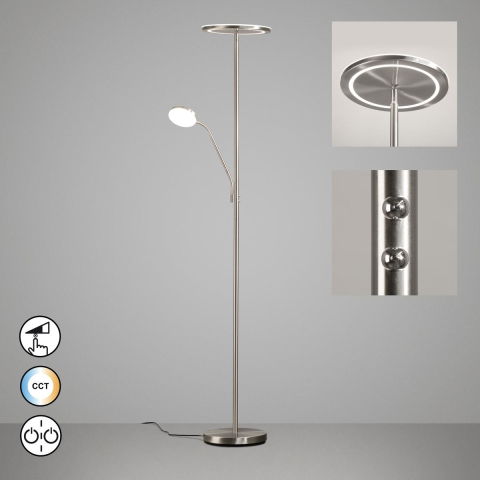 Praxisbeleuchtung, Bürobeleuchtung, Schlafzimmerbeleuchtung, Hotelzimmerbeleuchtung, Flurbeleuchtung, LED Stehleuchte, Nickel, CCT, Tastdimmer, Leselicht, 182 cm Höhe