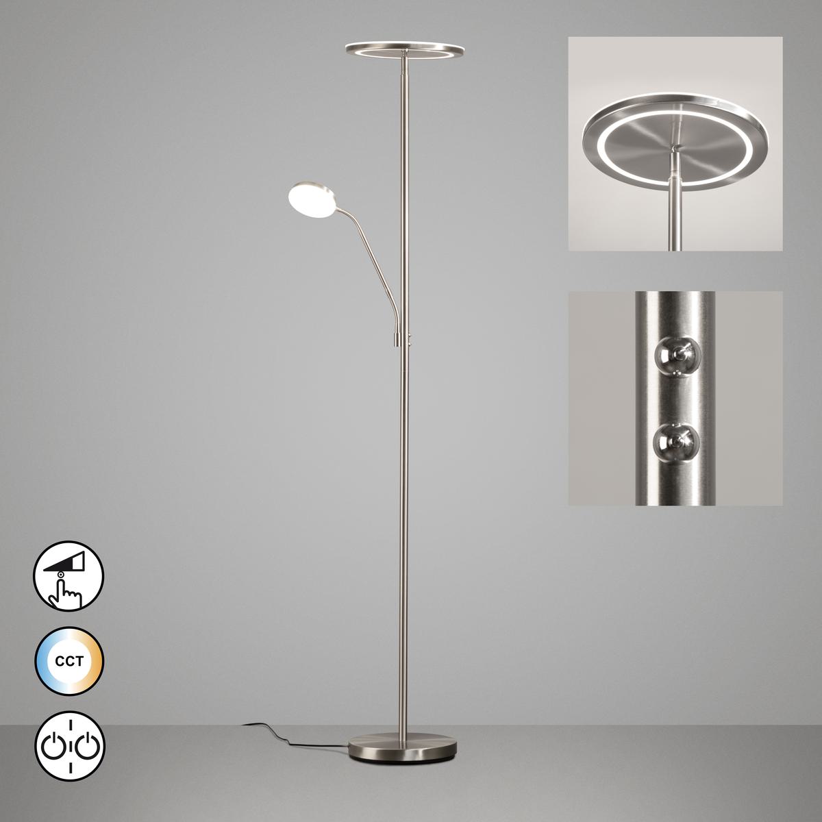 Praxisbeleuchtung, Bürobeleuchtung, Schlafzimmerbeleuchtung, Hotelzimmerbeleuchtung, Flurbeleuchtung, LED Stehleuchte, Nickel, CCT, Tastdimmer, Leselicht, 182 cm Höhe