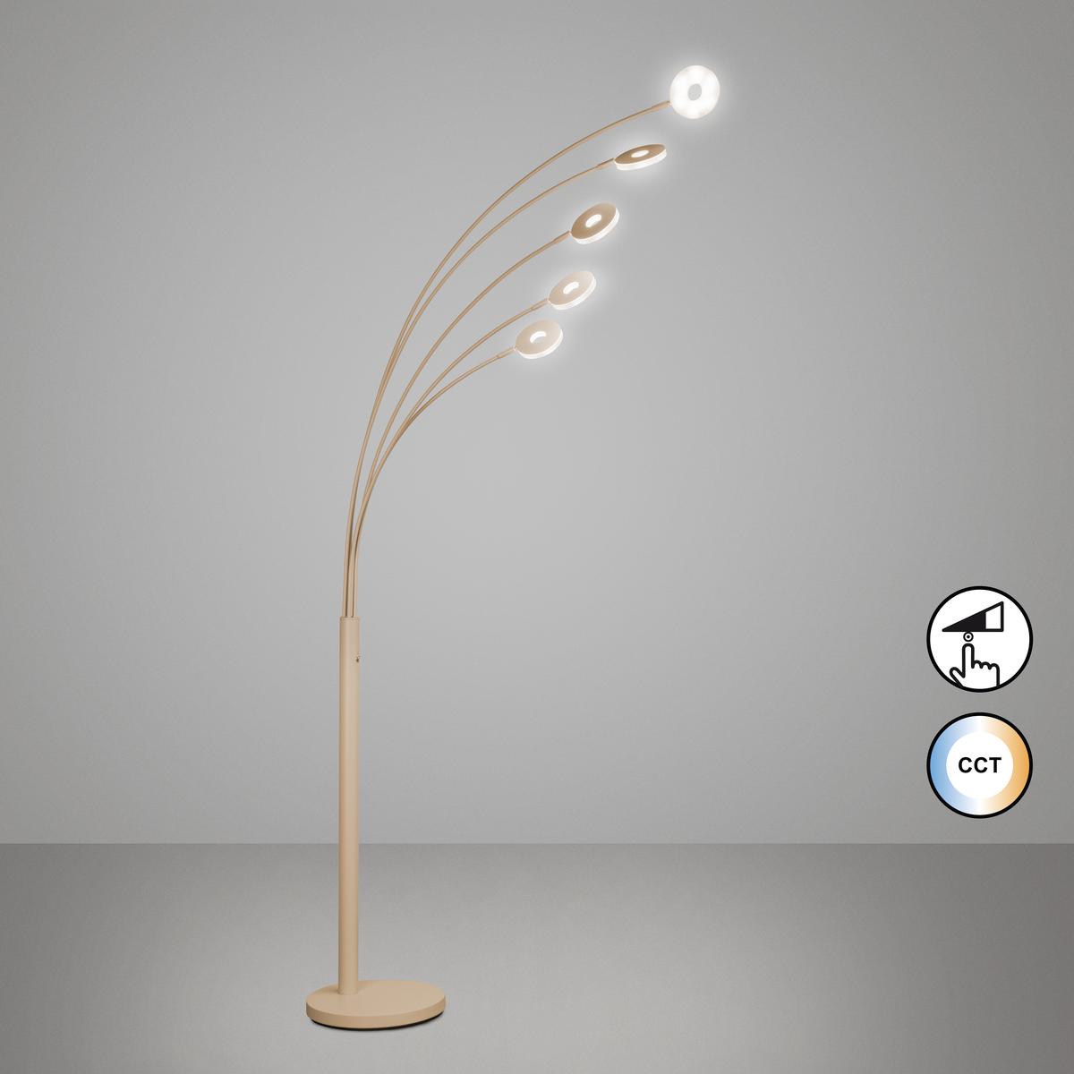 Bürobeleuchtung, Praxisbeleuchtung, Wohnzimmerbeleuchtung, Schlafzimmerbeleuchtung, Hotelzimmerbeleuchtung, LED Stehleuchte, Sand, 5 Strahler, CCT, Tastdimmer, 225 cm Höhe