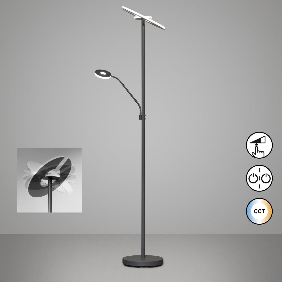 LED Stehleuchte, Leselicht, CCT, Dimmer, Grau, 180 cm Höhe