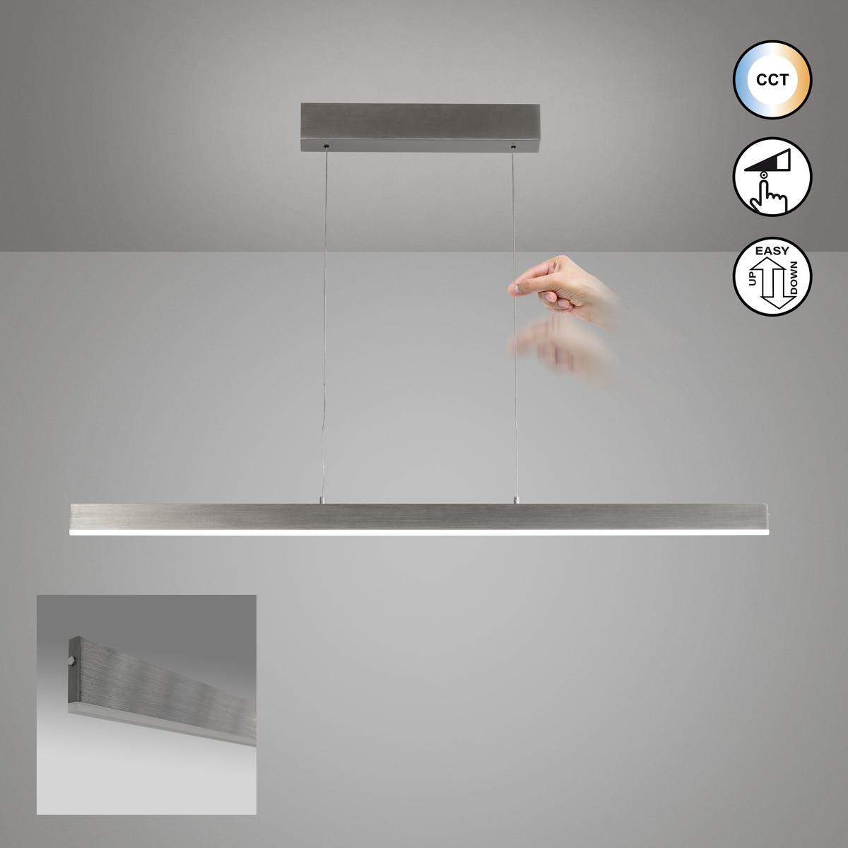 LED Pendelleuchte, Nickel, Höhe verstellbar, Dimmer, CCT, 115 cm x 6 cm