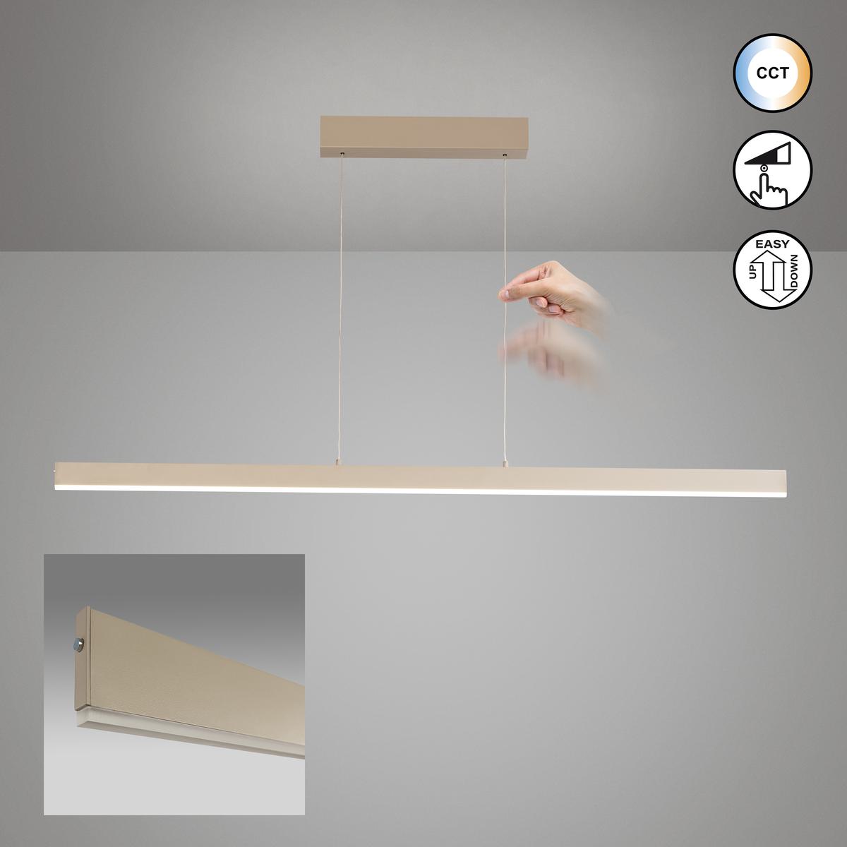 LED Pendelleuchte, Sandfarbe, Höhe verstellbar, Dimmer, CCT, 115 cm x 6 cm