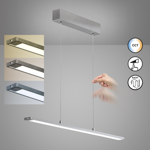LED Pendelleuchte, Aluminium, Höhe verstellbar, Dimmer, CCT, 90 cm x 6 cm