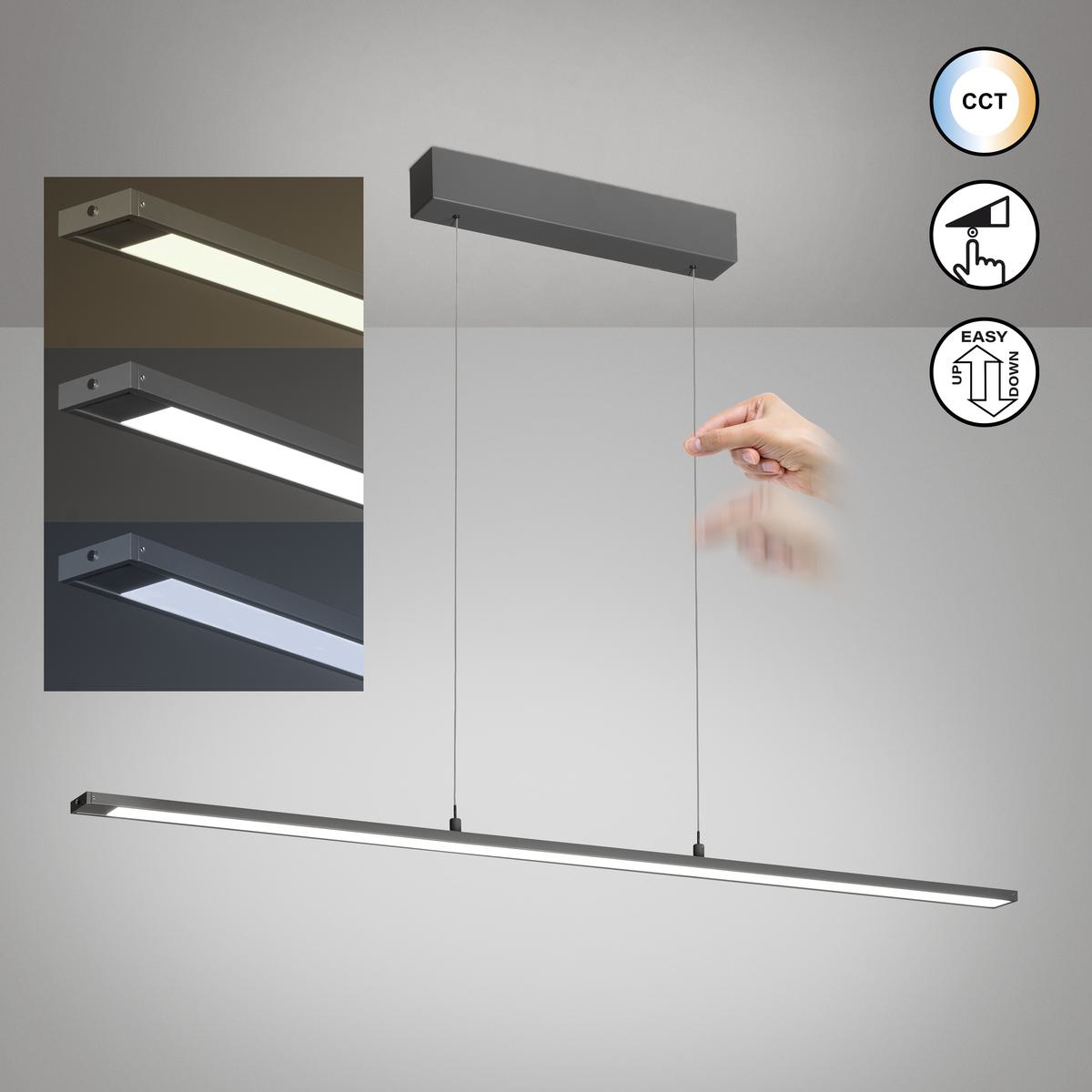 LED Pendelleuchte, Sandgrau, Höhe verstellbar, Dimmer, CCT, 120 cm x 6 cm
