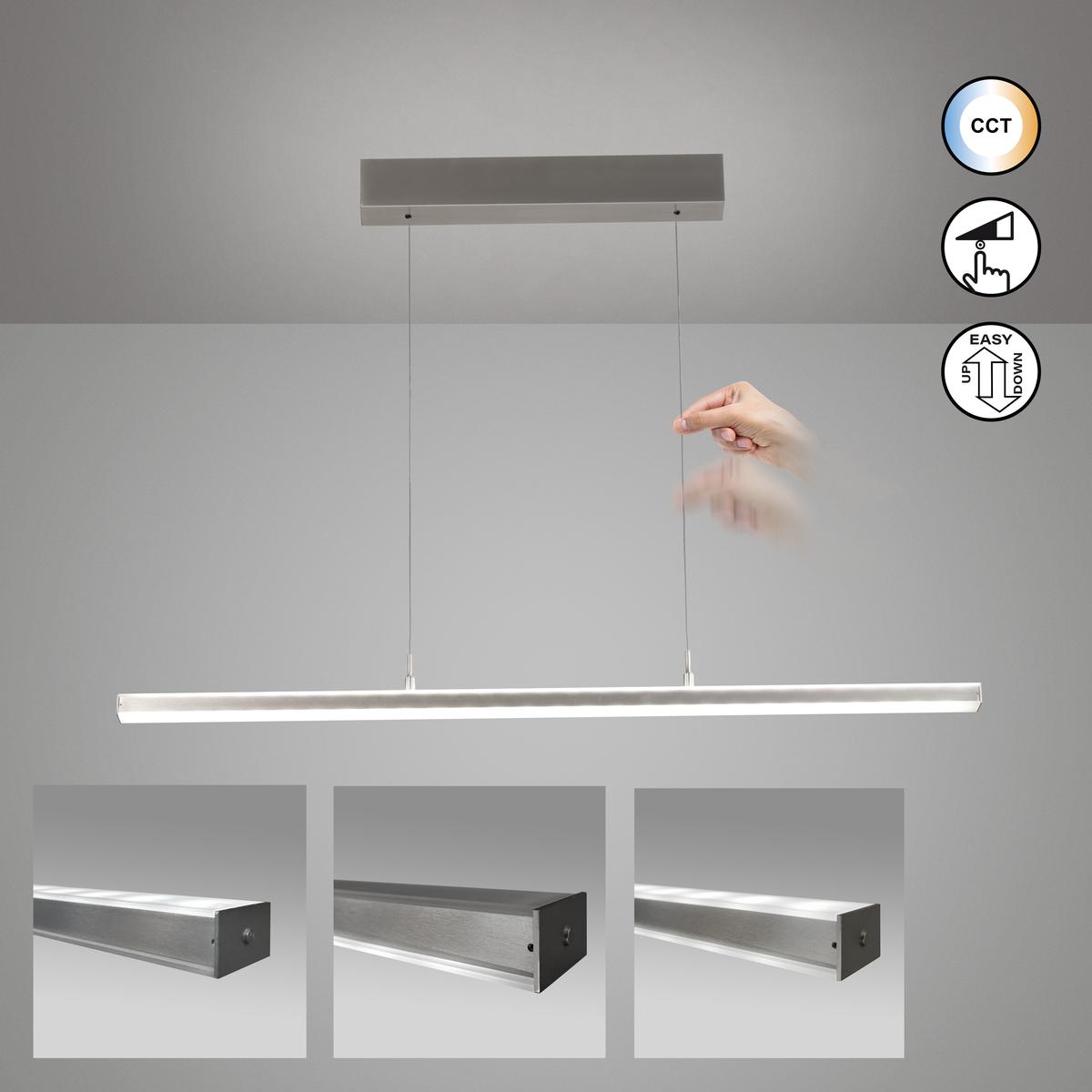 LED Pendelleuchte, Nickel, Metall, Höhe verstellbar, Tastdimmer, 115 cm x 7 cm